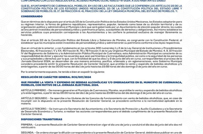  Habrá Ley Seca en Cuernavaca el 2 de junio